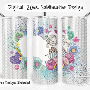 May include: A sublimation design for a 20 oz. tumbler featuring a cartoon girl knitting with yarn, needles, and buttons. The design is on a white background with a knitted pattern.