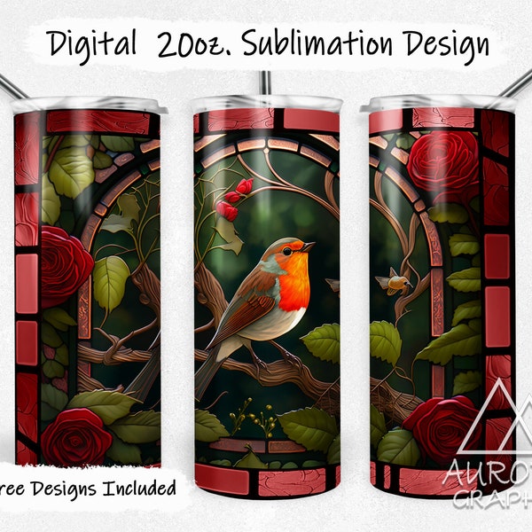 Red Robin - Digital 20oz Skinny Stained Glass Tumbler Wrap Birds Flowers Floral Robin RedBreast Tapered Straight Design PNG Instant Download
