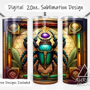 May include: A sublimation design for a 20 oz. tumbler featuring a scarab beetle with a jeweled head, surrounded by an intricate geometric pattern in shades of gold, green, blue, and purple. The design includes the text "Digital 20oz. Sublimation Design" and "9 Free Designs Included".