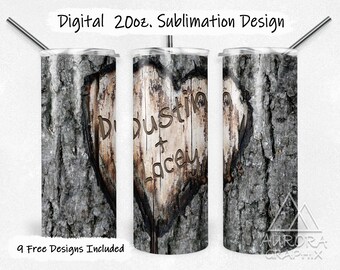 Carved Heart - Digital 20oz Skinny Tumbler Wrap Realistic Tree Carving Seamless Tapered Straight Template PSD & PNG Design Instant Download
