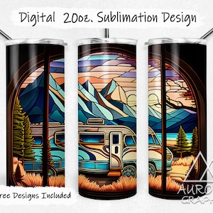 Buntglas Camper - Digital 20 Unzen Skinny Tumbler Wrap Camping Reise Bergwald Konisch Gerade Design PNG sofortiger DIGITALER Download