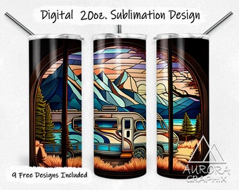 May include: A sublimation design for a 20 oz tumbler featuring a stained glass style image of a camper van parked in front of a mountain scene with a sunset sky. The design includes the text "9 Free Designs Included".