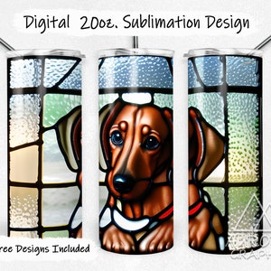 Stained Glass Dachshund - Digital 20oz Skinny Tumbler Wrap Pet Dog Puppy Doxie Mosaic Seamless Tapered Straight Design PNG Instant Download