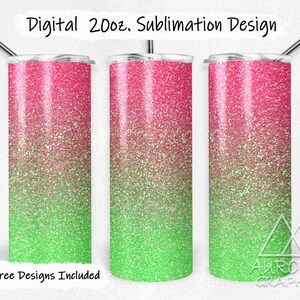 Puede incluir: Tres diseños de vasos de sublimación de 20 oz con un efecto degradado de purpurina rosa a verde. Descarga digital, 9 diseños gratuitos incluidos.