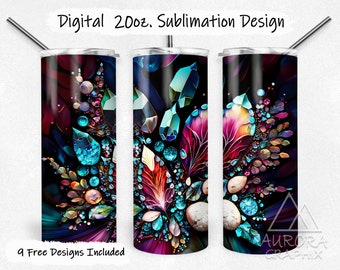 Crystal - Digital 20oz Skinny Stained Glass Tumbler Wrap  Gemstones Rocks Tapers Straight Sublimation Design PNG Instant Download