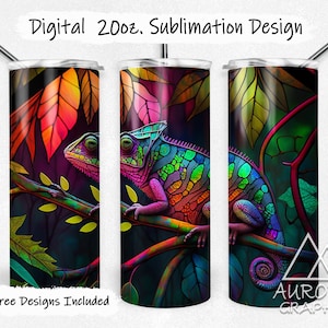 May include: A sublimation design for a 20oz tumbler featuring a colorful chameleon on a branch with green and red leaves. The design is on a black background.