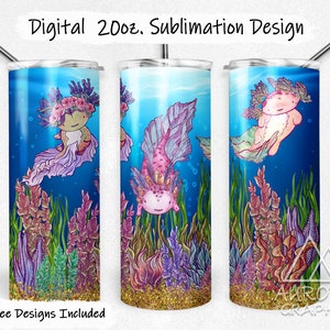 Op de afbeelding: Drie 20oz sublimatiebekerontwerpen met axolotls in een fantasierijke onderwater scène met zeewier, koraal en glitter. De axolotls zijn roze en wit met bloemenkronen en zwemmen in een blauwe oceaan.