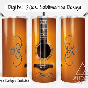 Guitar - Digital 20oz Skinny Tumbler Wrap Acoustic Musician Country Rock Wood Music Seamless Tapered Straight Design PNG Instant Download