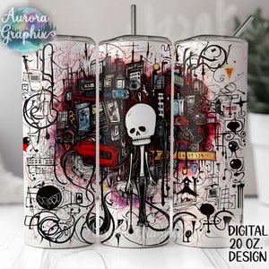 Könnte beinhalten: Ein digitales Design für einen 20 oz Tumbler mit einem schwarzen und weißen Totenkopf mit einem roten, schwarzen und weißen abstrakten Design. Das Design enthält eine Vielzahl von Formen und Linien, darunter Kreise, Quadrate und Dreiecke.