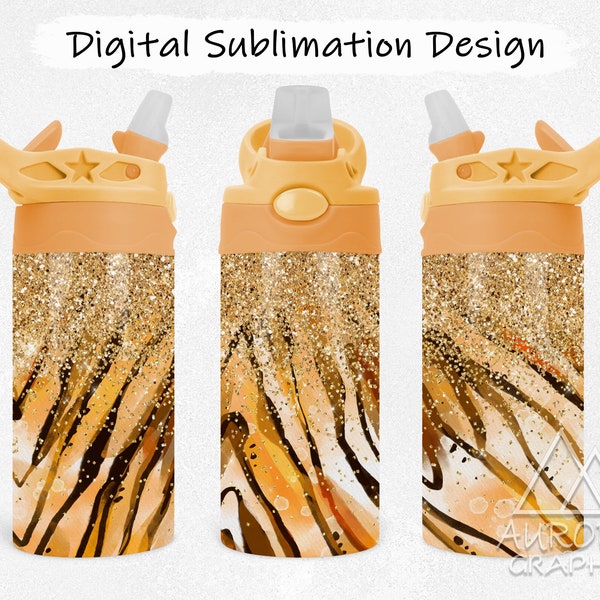 Tiger Stripes - Digital 12oz Kids Water Bottle Tumbler Wrap Animal Gold Glitter Tapered Straight Sublimation Design PNG Instant Download
