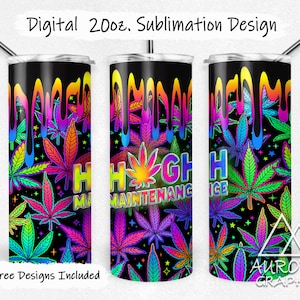 Neon Hemp Leaf - Digital 20oz Skinny Tumbler Wrap Monogram High Maintenance Seamless Tapered Straight Design Design PNG Instant Download