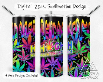 Neon Hemp Leaf - Digital 20oz Skinny Tumbler Wrap Monogram High Maintenance Seamless Tapered Straight Design Design PNG Instant Download