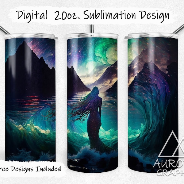 Mermaid Waves - Digital 20oz Skinny Tumbler Wrap Siren Beauty Fantasy Northern Lights Taper Straight Sublimation Design PNG Instant Download