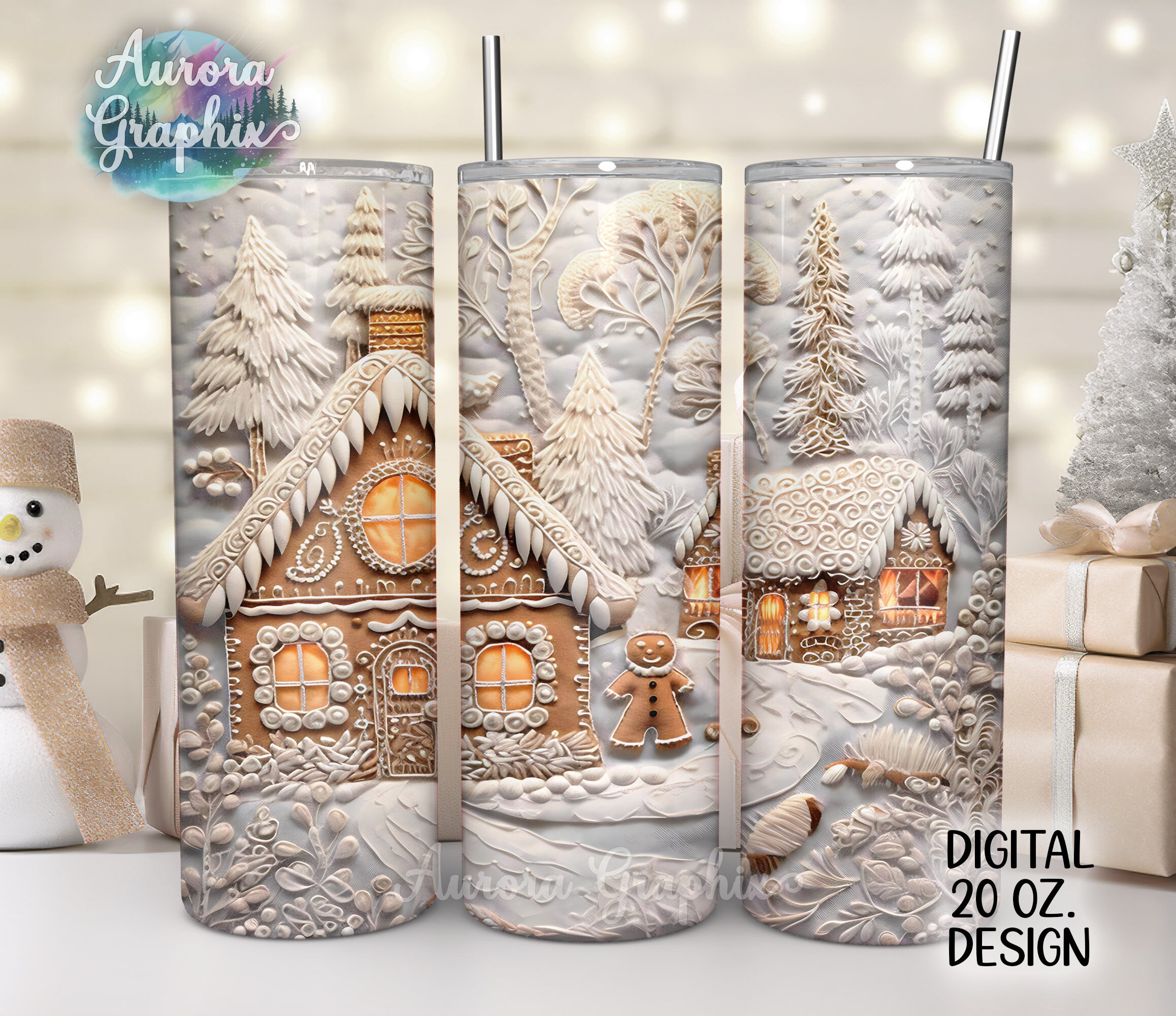 Gingerbread Village - Digital 20oz Skinny Tumbler Wrap Cute Winter Snow Embroidery Style Straight Sublimation Design PNG DIGITAL DOWNLOAD