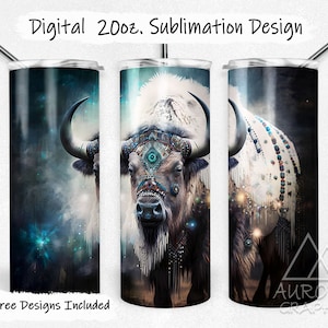 Vit Buffalo - Digital 20oz Skinny Tumbler Wrap Indianska djur Oxar Avsmalnande Rak Sublimeringsdesign PNG Direktnedladdning