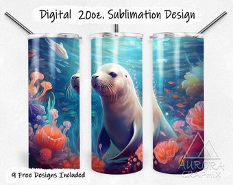 Seal - Digital 20oz Skinny Tumbler Wrap Colorful Painting Pretty Ocean Sea Lion Tapered Straight Sublimation Design PNG Instant Download