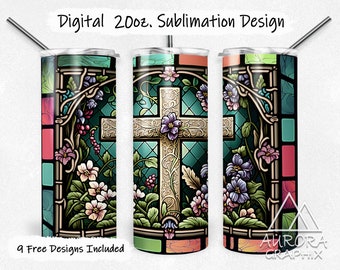 Stained Glass Cross - Digital 20oz Skinny Tumbler Wrap Spring Religious Jesus Tapered Straight Sublimation Design PNG Instant Download