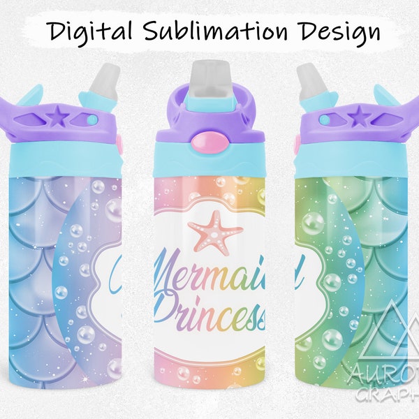 Mermaid Princess - Digital 12oz Kids Water Bottle Tumbler Wrap Pastel Fish Scales Tapered Straight Sublimation Design PNG Instant Download