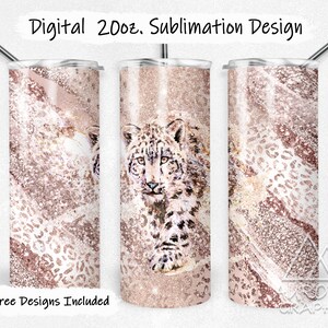Snow Leopard - Digital 20oz Skinny Tumbler Wrap Milky Way Rose Gold Seamless Tapered Straight Sublimation Design PNG Instant Download