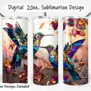 Hummingbirds - Digital 20oz Skinny Stained Glass Tumbler Wrap Floral Flower Bird Seamless Tapered Straight Design PNG Instant Download