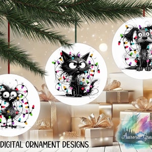 May include: Three digital ornament designs featuring black and white cartoon animals tangled in colorful Christmas lights. The animals are a cat, a dog, and a bird.