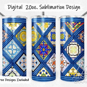 Op de afbeelding: Een sublimatieontwerp voor een 20 oz. tumbler met een blauwe achtergrond en kleurrijke geometrische patronen. Het ontwerp is geïnspireerd op traditionele Spaanse tegels.