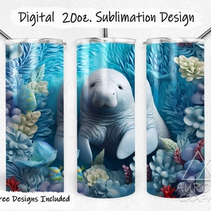 May include: A sublimation design for a 20oz tumbler featuring a manatee swimming in a blue ocean with coral and other sea life. The design is perfect for creating custom tumblers for gifts or personal use.