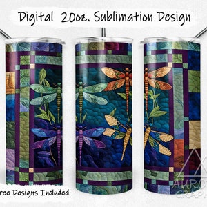 May include: A sublimation design for a 20 oz tumbler featuring a colorful stained glass pattern with dragonflies. The design includes a variety of colors, including blue, green, purple, and orange. The design is perfect for adding a touch of whimsy to your home decor.