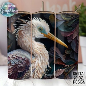 May include: A 20 oz. tumbler design featuring a white egret with a black background and a colorful abstract pattern. The design is called "Digital Design".
