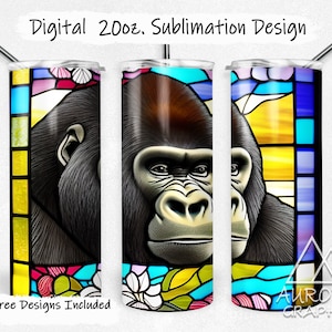 May include: A sublimation design for a 20oz tumbler featuring a gorilla's face in a stained glass style with colorful floral accents. The design includes a blue, yellow, and pink background.