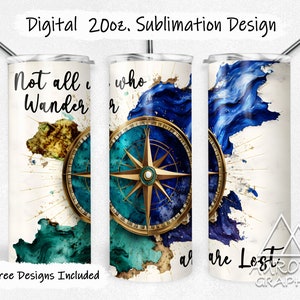 Not All Who Wander - Digitale 20oz Skinny Tumbler Wrap Aquarel Kompas Windrose Travel Adventure Straight Design PNG Instant Download