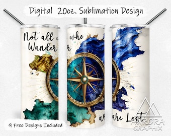 No todos los que vagan - Digital 20oz Skinny Tumbler Wrap Acuarela Brújula Windrose Travel Adventure Diseño recto PNG Descarga instantánea