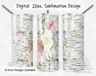 Birch Wood - Digital 20oz Skinny Tumbler Wrap Flowers Floral Background Seamless Tapered Straight Design Design PNG Instant Download