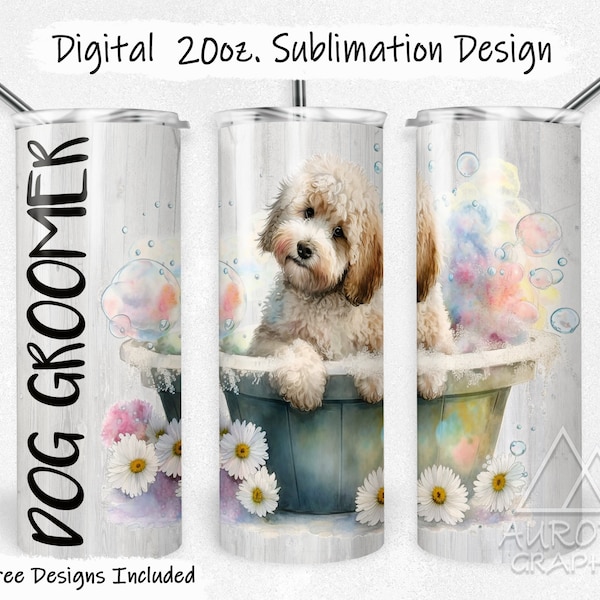 Dog Groomer - Digital 20oz Skinny Tumbler Wrap -Cute Watercolor Puppy Seamless Tapered Straight Sublimation Design PNG Instant Download