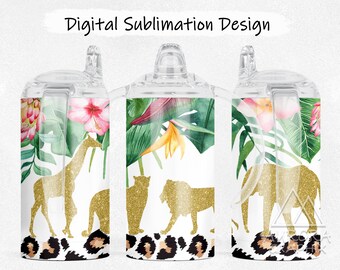 Floral Gold Safari - Digital Kids Straight Sippy Cup Tumbler Wrap Jungle Animals Birthday Straight Sublimation Design PNG Instant Download