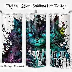 Cheshire Cat - Digital 20oz Skinny Tumbler Wrap Alice In Wonderland Dark Goth Fantasy Tapered Straight Design Design PNG Instant Download