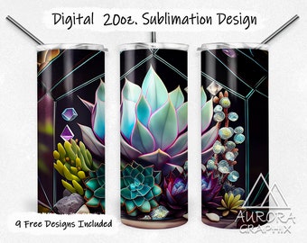 Succulents & Crystal - Digital 20oz Skinny Tumbler Wrap Dessert Flowers Floral Plants Taper Straight Sublimation Design PNG Instant Download