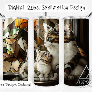 Può includere: Un design di sublimazione per un bicchiere da 20 oz con due gatti, uno più grande e uno più piccolo, su uno sfondo di vetro colorato. Il design è in tonalità di marrone, bianco e verde.