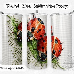 Ladybugs - Digital 20oz Skinny Embroidered Tumbler Wrap Floral Spring Flowers Beads Tapered Straight Sublimation Design PNG Instant Download