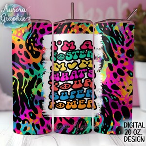 May include: A 20 ounce tumbler with a colorful abstract design and the text "I'm a foster mom, what's your superpower?" in rainbow colors.