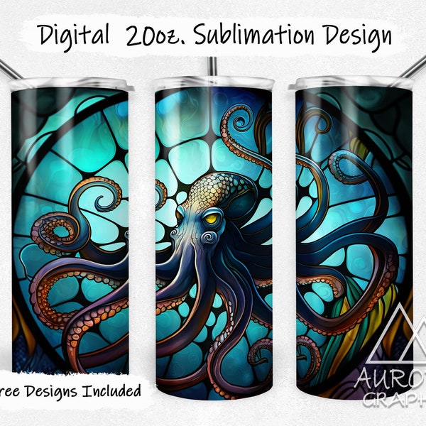 Stained Glass Octopus - Digital 20oz Skinny Tumbler Wrap Ocean Sea Mosaic Window Seamless Tapered Straight Design PNG Instant Download