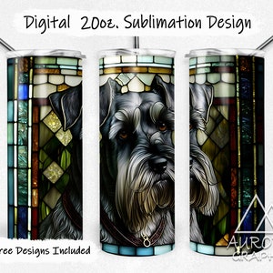 May include: A sublimation design for a 20 oz. tumbler featuring a black and gray schnauzer dog with a stained glass background. The design includes a variety of colors, including blue, green, red, and yellow. The text "9 Free Designs Included" is at the bottom of the image.