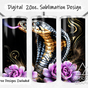 Cobra Snake - Digital 20oz Skinny Tumbler Wrap Neon Rainbow Floral Flowers Seamless Tapered Straight Sublimation Design PNG Instant Download