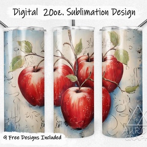 May include: A sublimation design for a 20 oz. tumbler featuring a vintage-style illustration of red apples with green leaves on a blue and white background. The design includes the text "Digital 20oz. Sublimation Design" and "9 Free Designs Included".