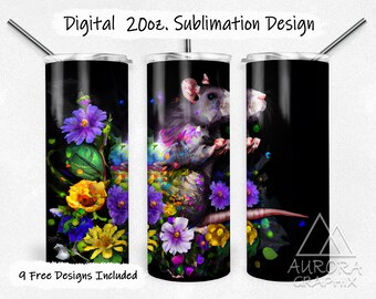 Rat - Digital 20oz Skinny Tumbler Wrap Colorful Rainbow Floral Mouse Seamless Tapered Straight Sublimation Design PNG Instant Download