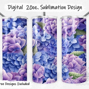 3D Hydrangea Flowers - Digital 20oz Skinny Tumbler Wrap Seamless Purple Blue Floral Pattern Straight Sublimation Design PNG Instant Download