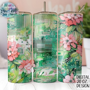 May include: Three 20 oz. stainless steel tumblers with a floral and circuit board design. The design features pink flowers and green leaves over a green circuit board background. The tumblers have a silver lid and straw. The text "DIGITAL 20 OZ. DESIGN" is visible.