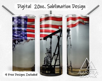 Oilfield - Digital 20oz Skinny Tumbler Wrap Oil Rig Torn American Flag Seamless Tapered Straight Sublimation Design PNG Instant Download
