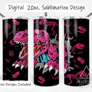 Pink T-Rex - Digital 20oz Skinny Tumbler Wrap Dinosaur Tyrannosaurus Jurassic Tapered Straight PNG Sublimation Design Instant Download