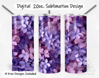 3D Lilac Flowers - Digital 20oz Skinny Tumbler Wrap Seamless Purple Spring Floral Pattern Straight Sublimation Design PNG Instant Download